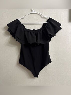 EXPRESS Black Ruffle Off-Shoulder One-Piece for women.s